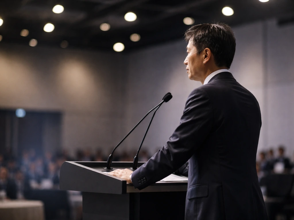 Anonymous Japanese business speaker delivering remarks at a modern conference podium with a blurred audience behind