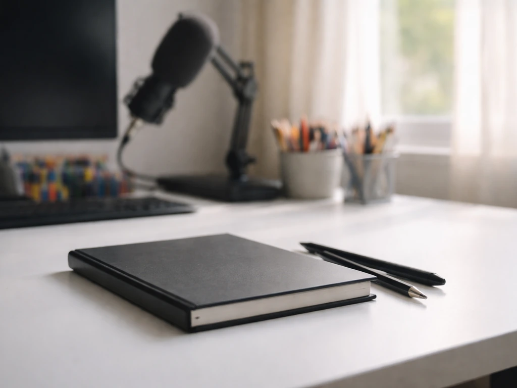 Minimal studio desk with a sketchbook and stylus, hinting at creative earnings and media finance analysis