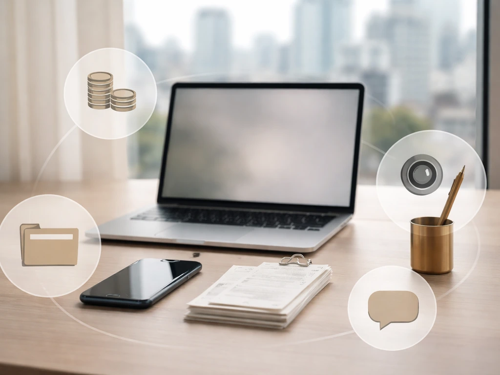 Minimal desk scene with laptop, blank receipts, and symbolic money/media tokens in a subtle collage style.