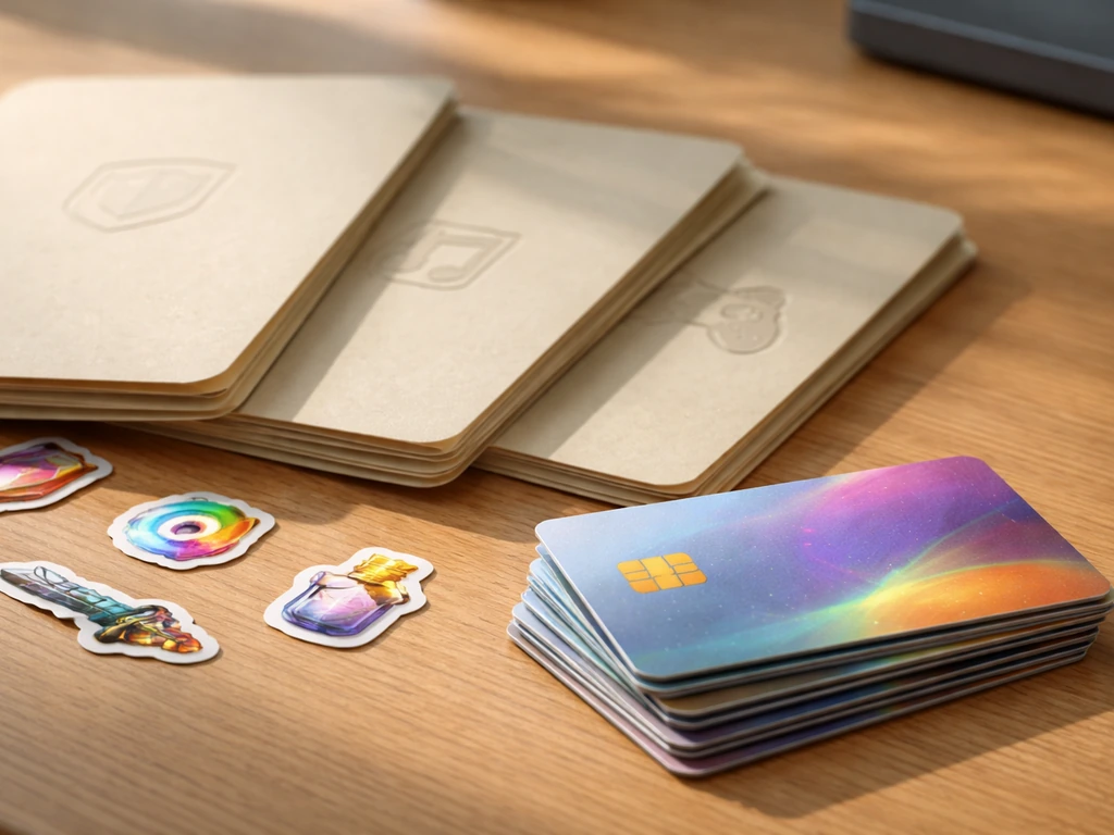 Close-up of licensing paperwork icons and a stack of creative credits cards on a desk
