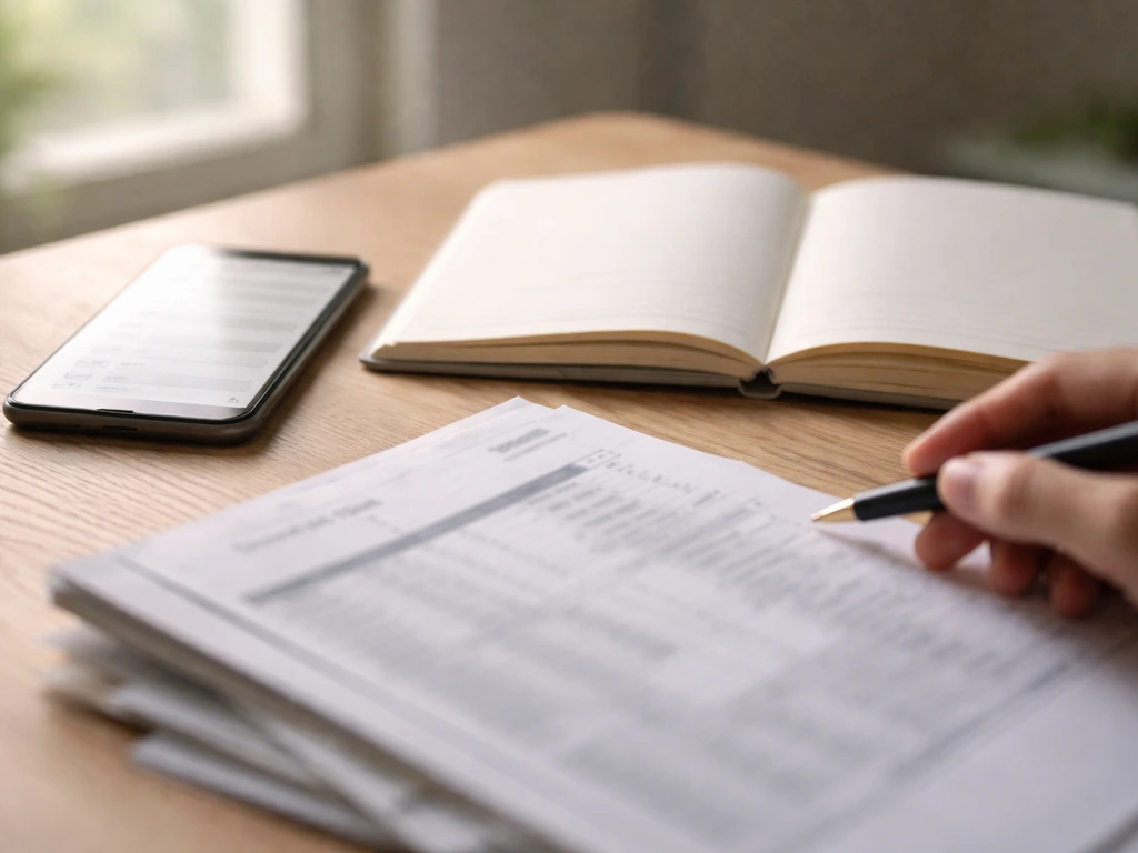 Close-up of a smartphone and open notebook beside a blurred stack of documents, suggesting verifying claims