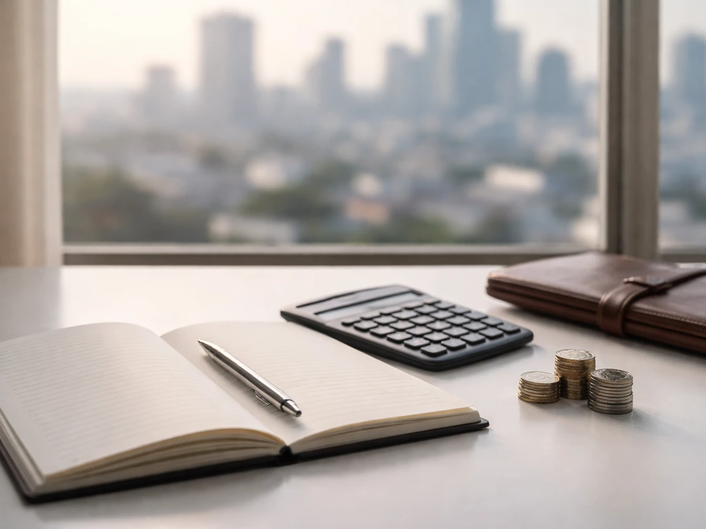 Minimal photo of a financial analyst desk with a calculator, coins, and open notebook, suggesting a net-worth estimate