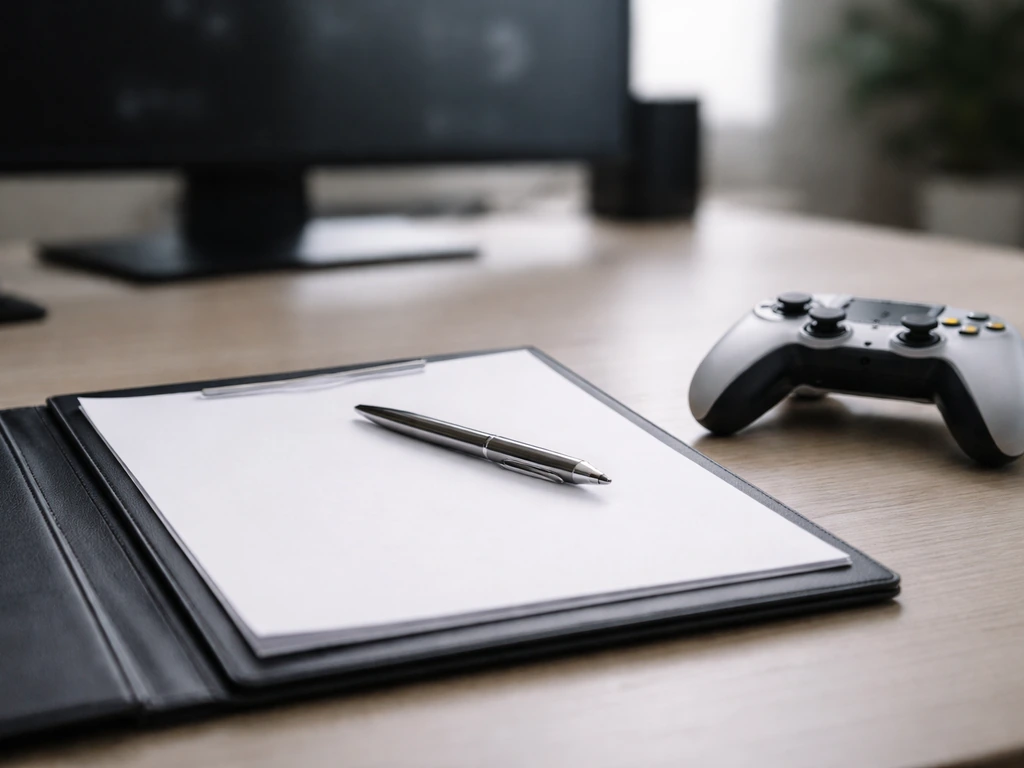 Close-up of a studio desk with a contract folder, pen, and game controller under soft natural light.
