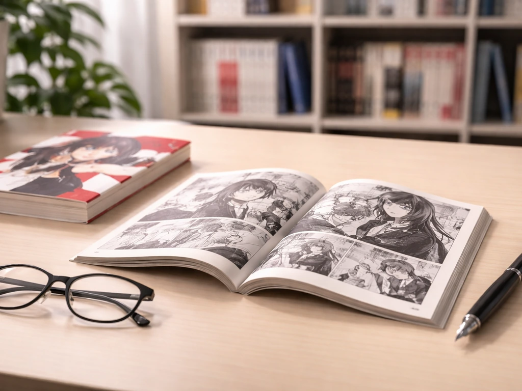 Open manga magazine on a desk with pen and glasses, hinting at publishing and media work.