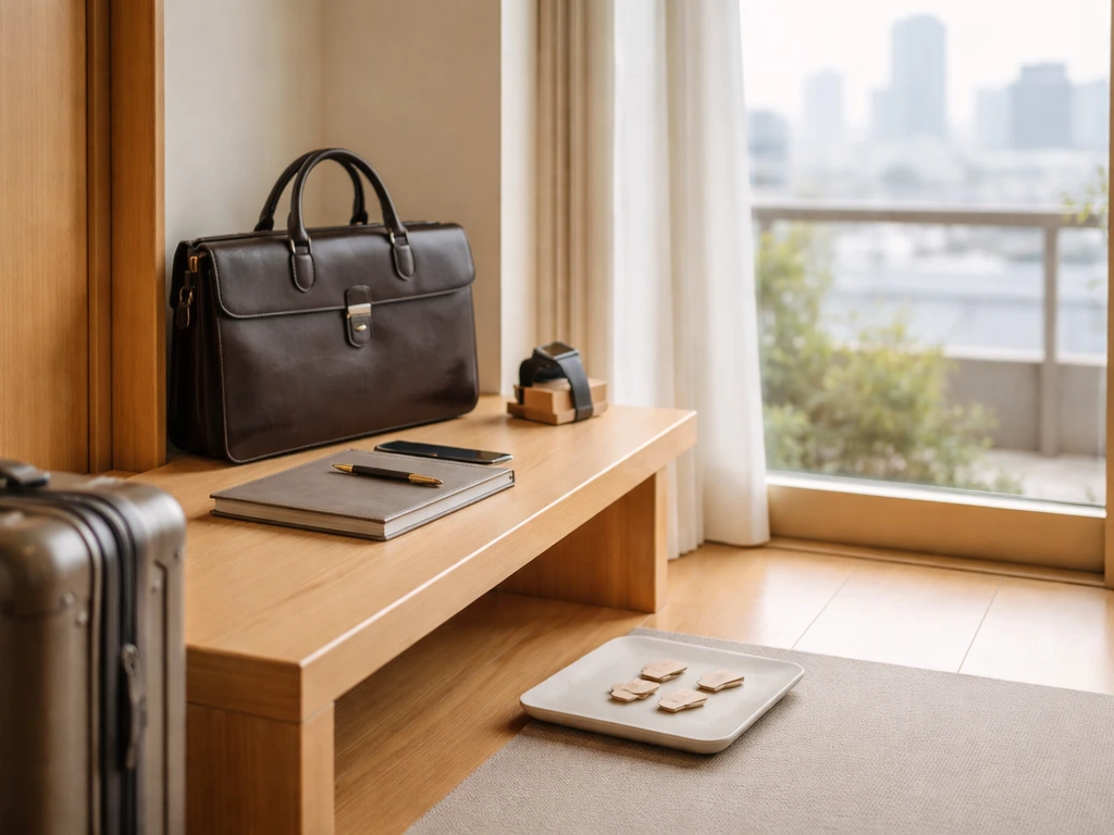 Minimal apartment entry showing upscale lifestyle cues and a blank checklist-style plate, no people.