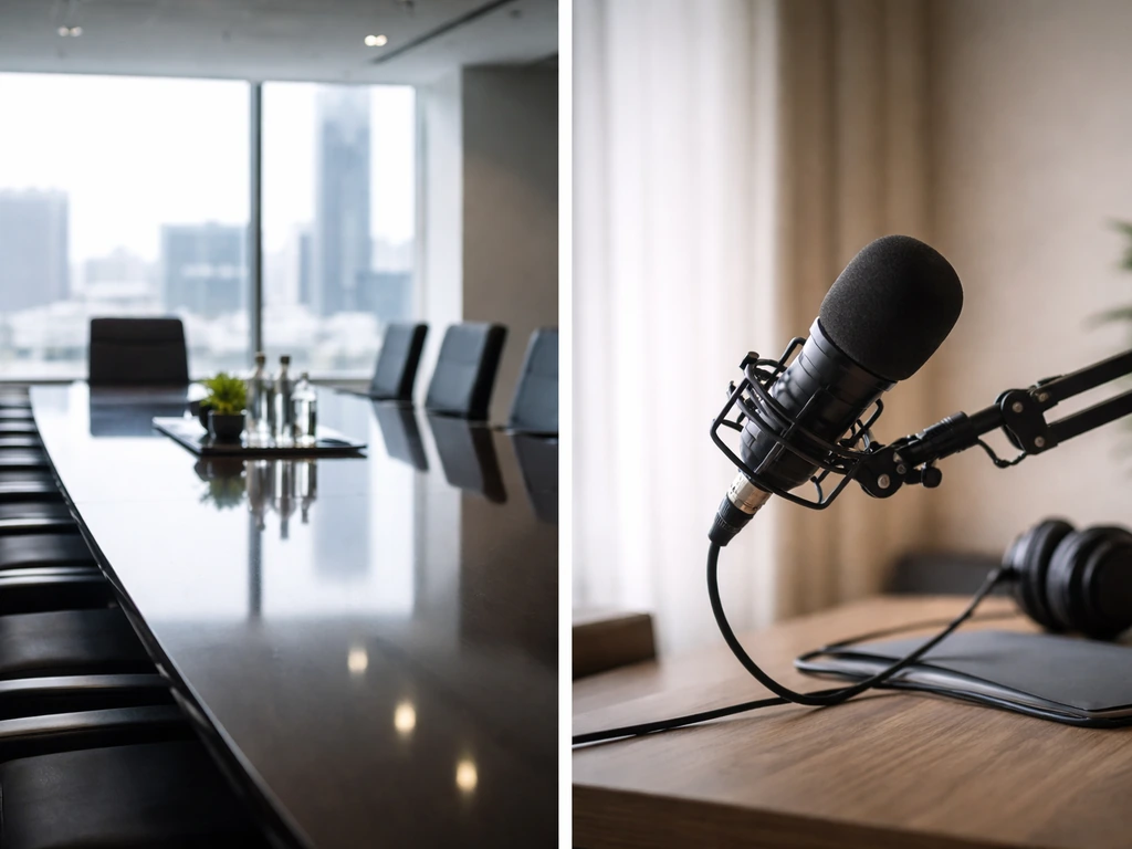 Split-screen style images showing a corporate boardroom scene and a studio mic setup to compare two “Osamu Suzuki” conte