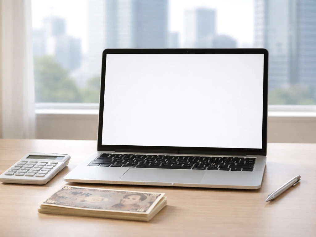 Minimal photo of an open laptop beside a calculator and yen bills, suggesting a net worth range estimate
