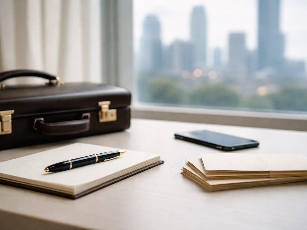 Minimal desk scene with sealed envelopes, pen, and briefcase beside a blurred city view.