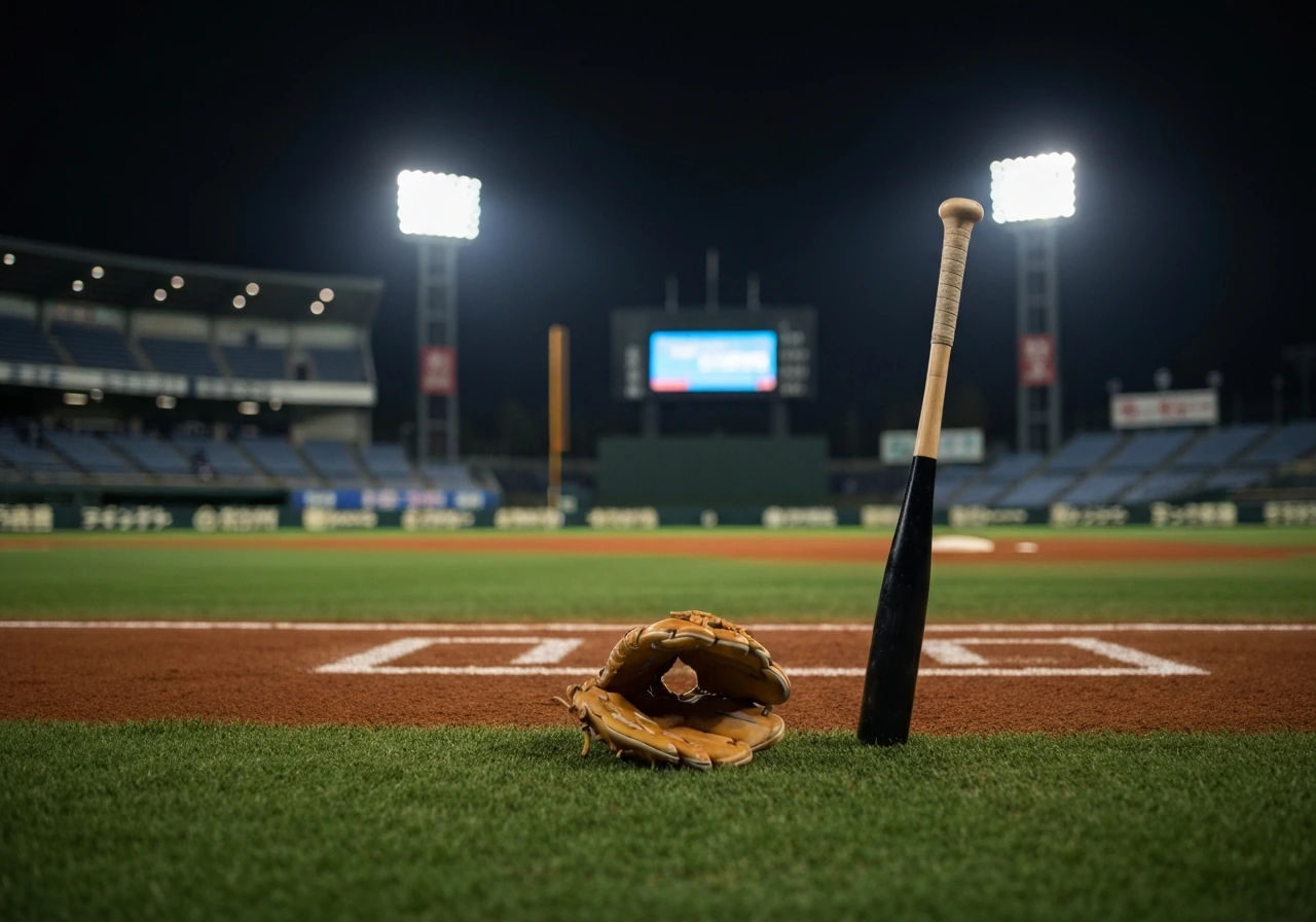 Blurred Japanese baseball stadium scene with a single glove on the field under lights