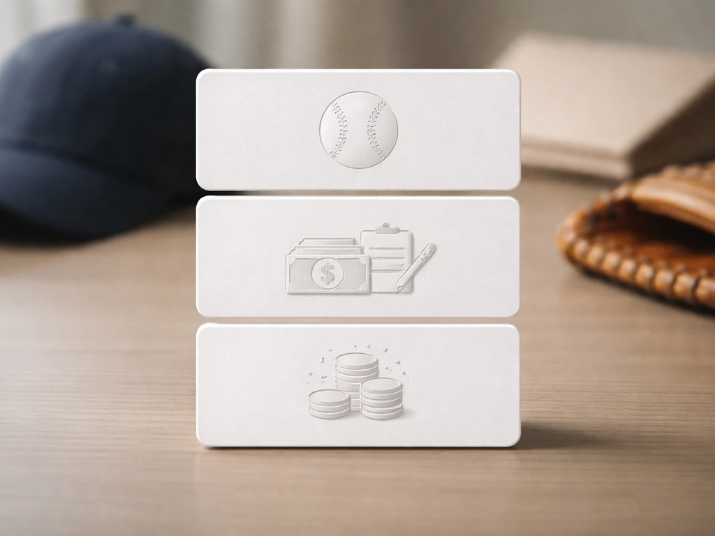 Minimal stacked cards with baseball and contract cues suggesting NPB salaries, MLB contracts, and bonuses