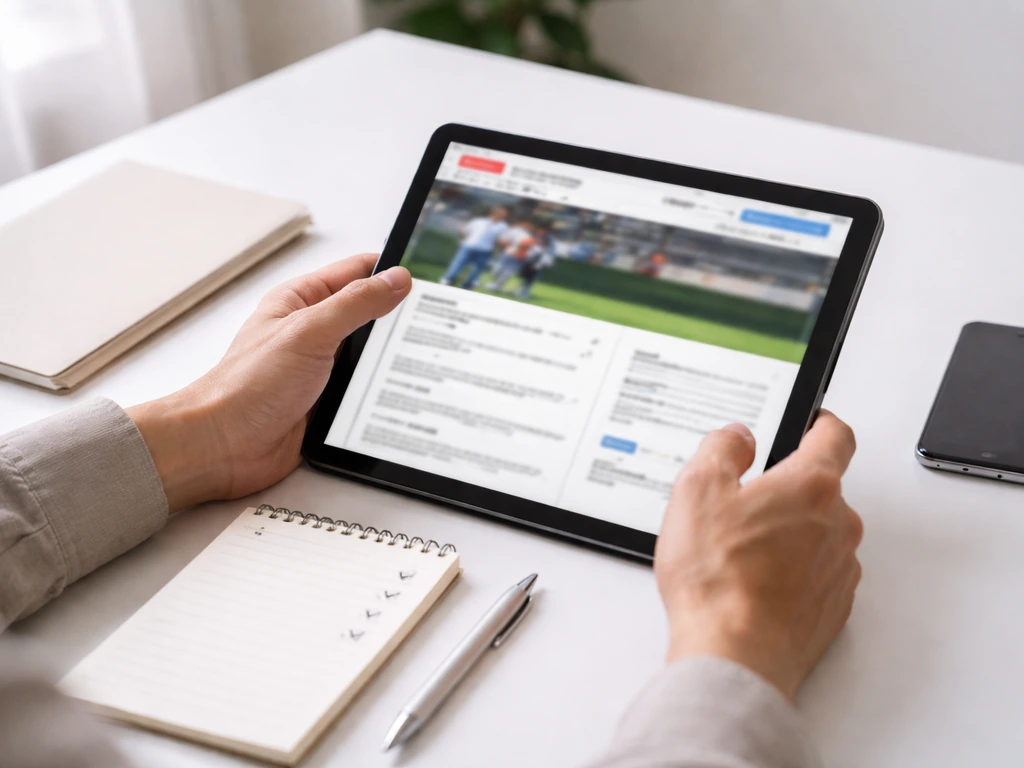 Person reviewing Japanese baseball registration info on a tablet beside a simple checklist notebook.