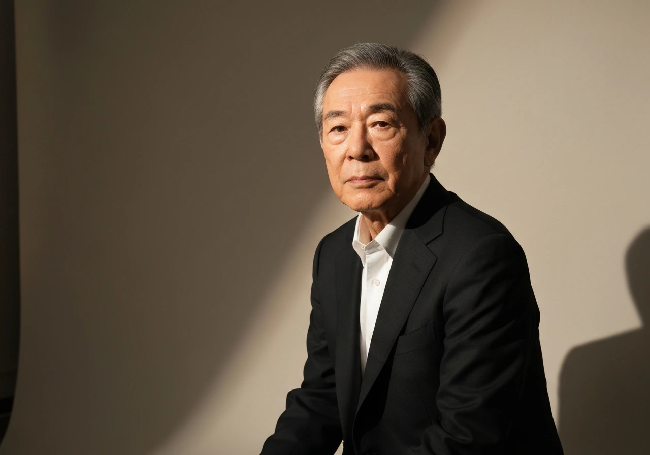 Ken Watanabe-like Japanese actor in a studio portrait-style still, softly lit, neutral background