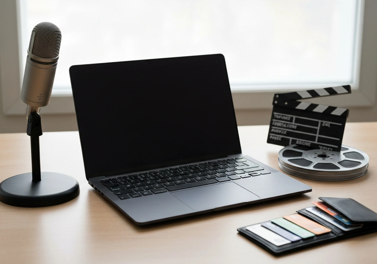 Minimal filmmaker desk with microphone, film reels, and wallet—symbolizing entertainment income sources.