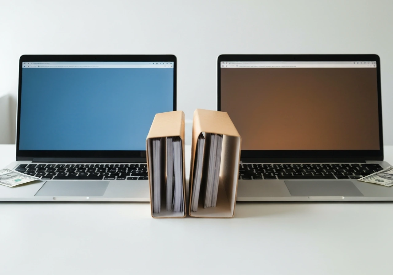 Two open laptops on a desk with different money-colored folders, suggesting differing online estimates.