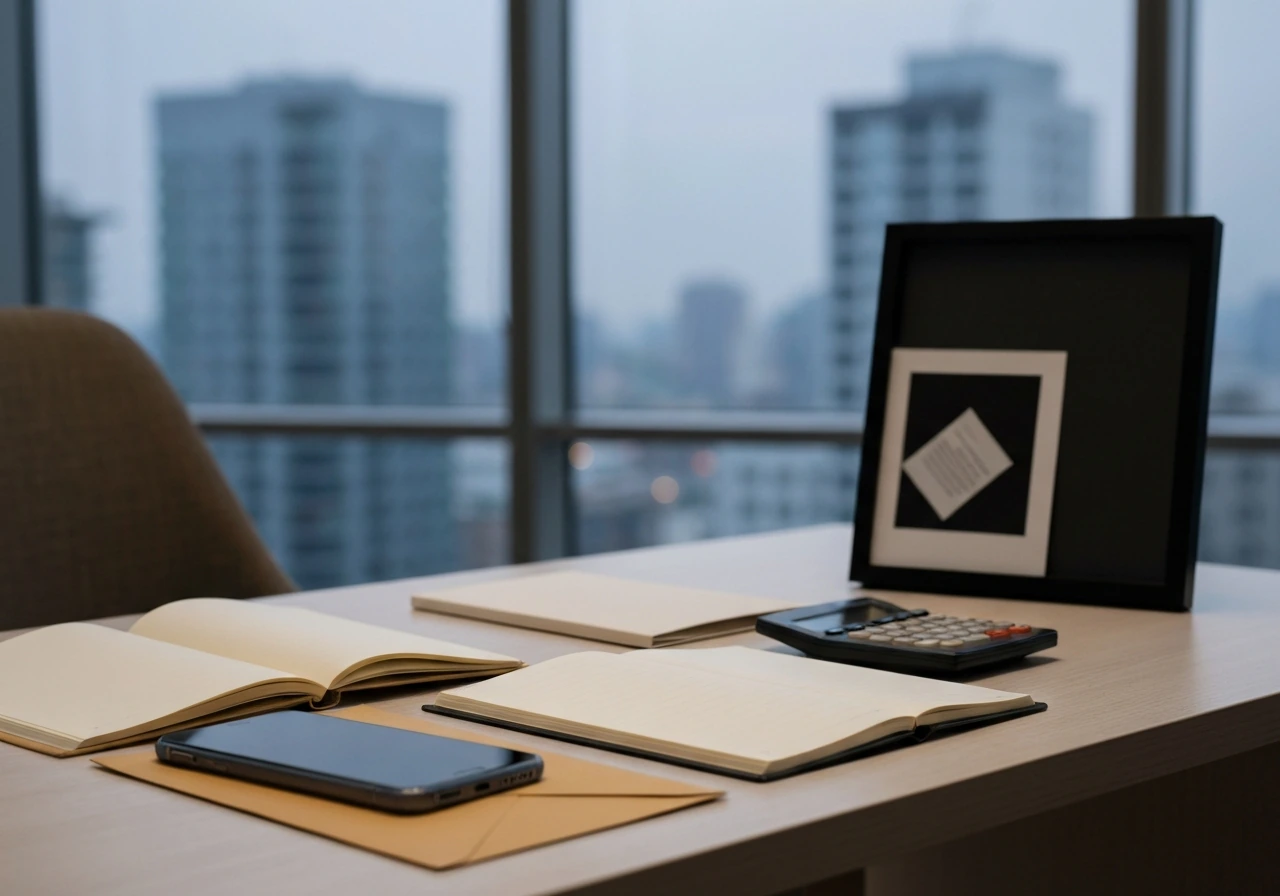Minimal desk scene with notebook, calculator, envelope, and blurred city view suggesting wealth calculation