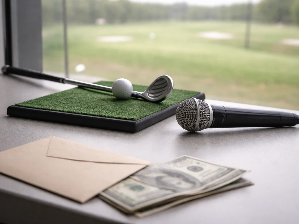 Golf coaching desk scene with a club and microphone, plus blurred money—no people or text.