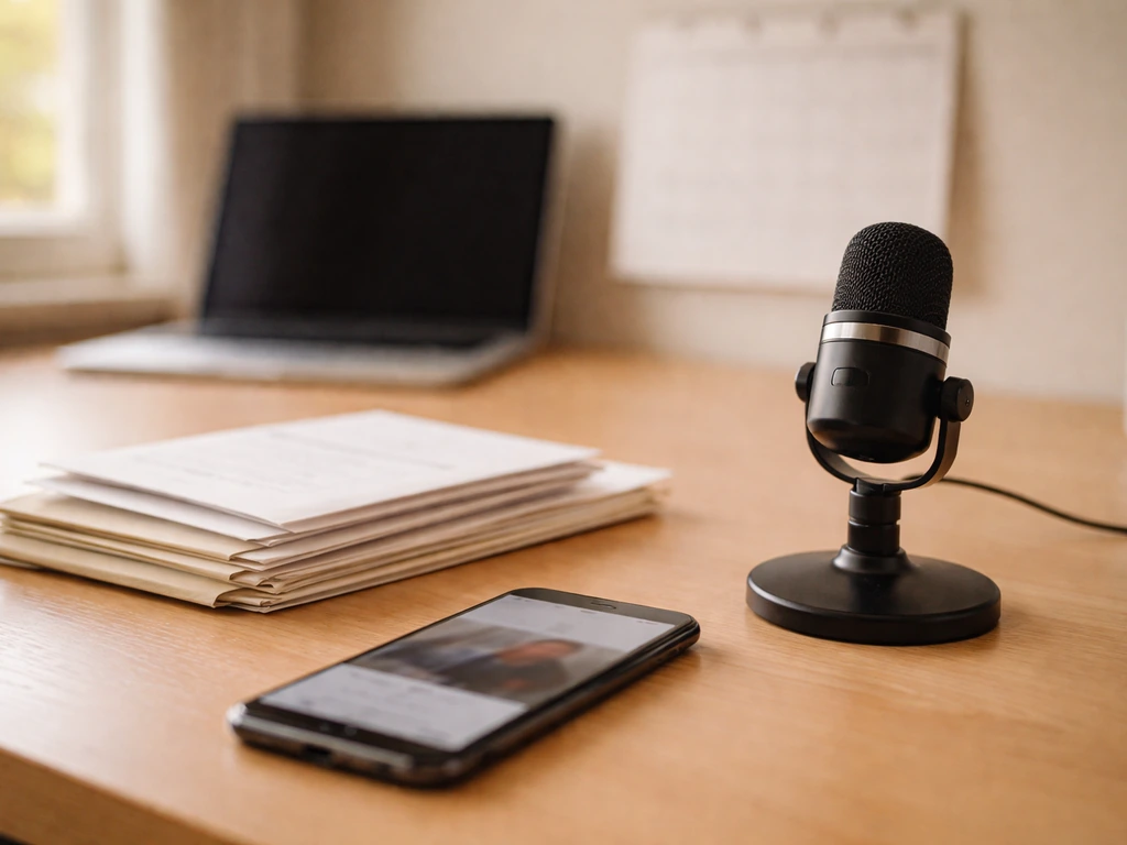 Minimal desk scene with smartphone, microphone, and blank paperwork symbolizing content-creator income proxies.