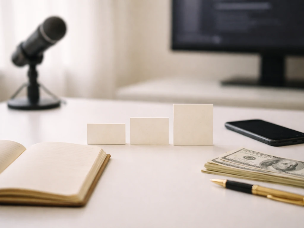 Minimal desk scene with blank cards and cash symbolizing a low-to-high estimated net worth range.