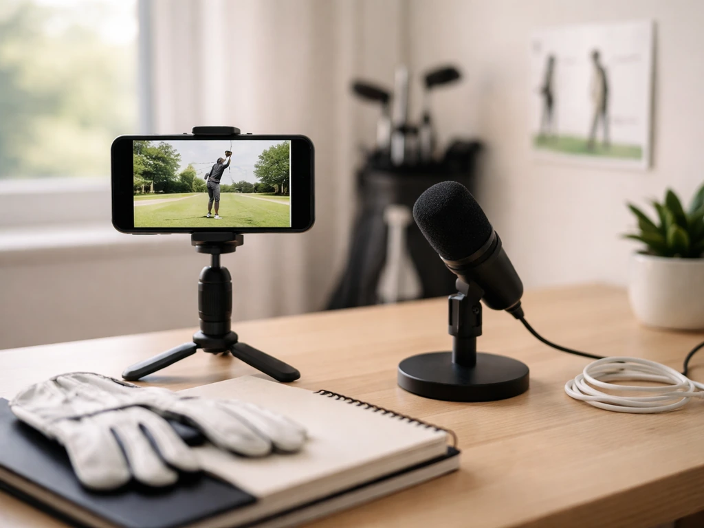Golf coaching media setup on a desk with a microphone and phone, suggesting creator income streams