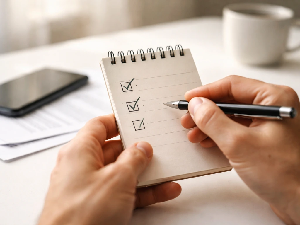Close-up of hands ticking checklist items beside a smartphone and printed documents in soft natural light.