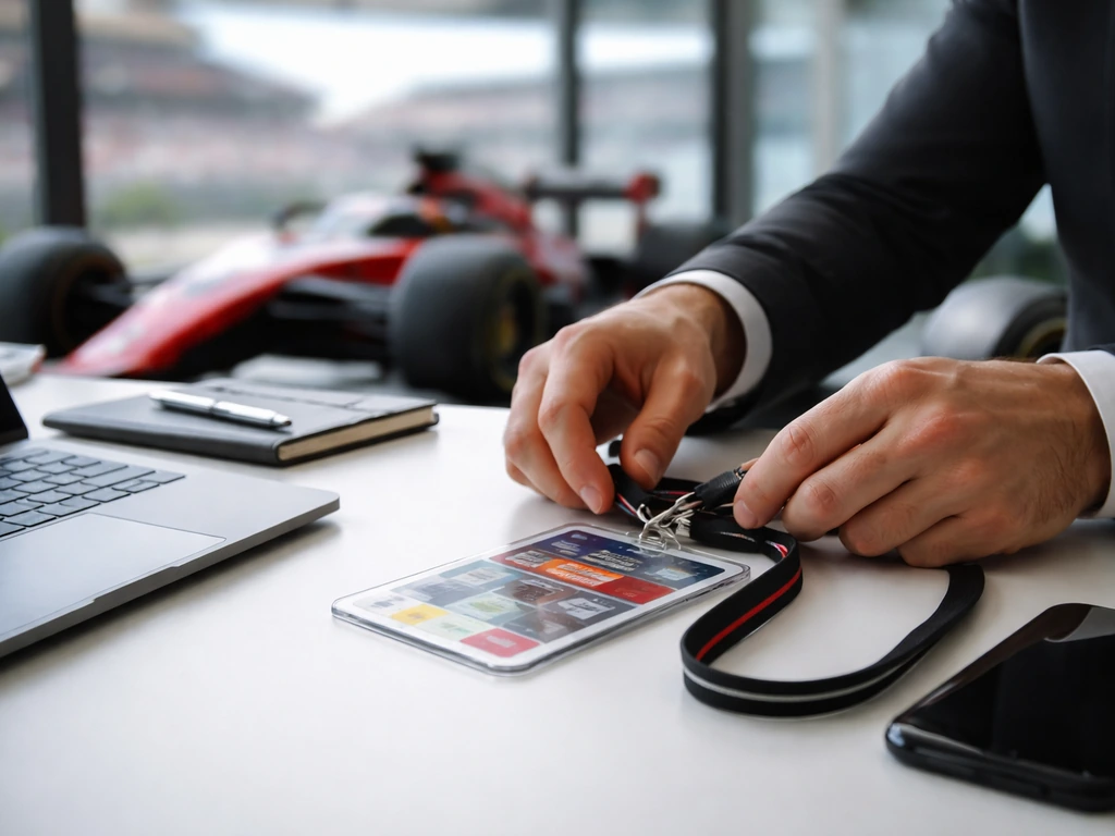 F1 paddock office scene with Haas-style racing car backdrop, suggesting team principal and wealth context