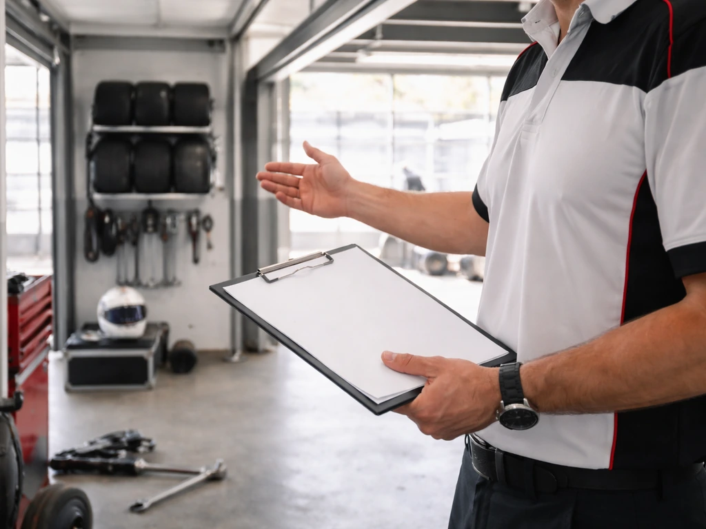 F1 garage scene with an anonymous team leader reviewing strategy on a clipboard near racing equipment