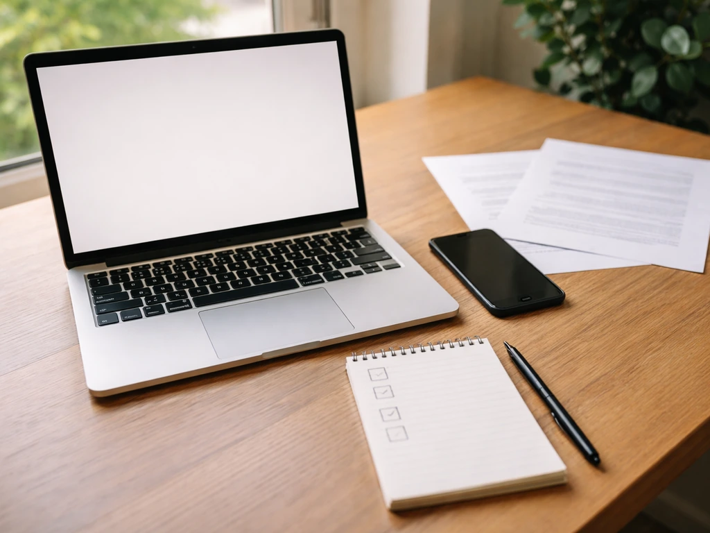 Minimal desk scene with laptop, smartphone, and empty checklist notes suggesting verification of an estimate.