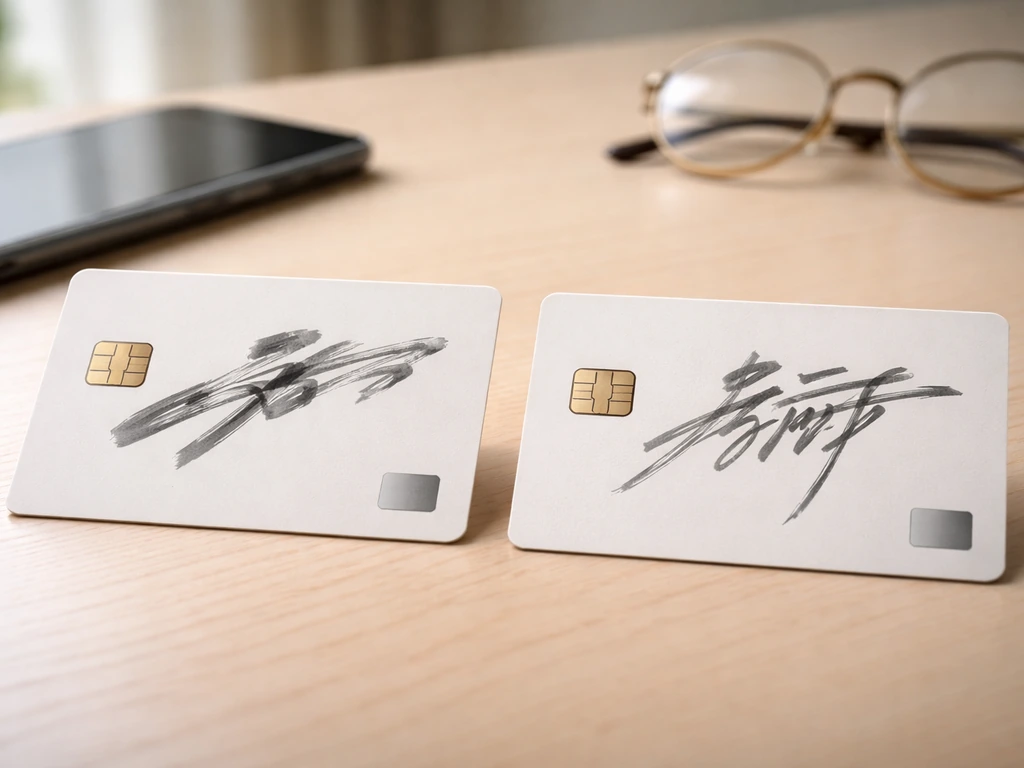 Two blank media credit cards side-by-side on a desk with eyeglasses and a smartphone, suggesting name verification.