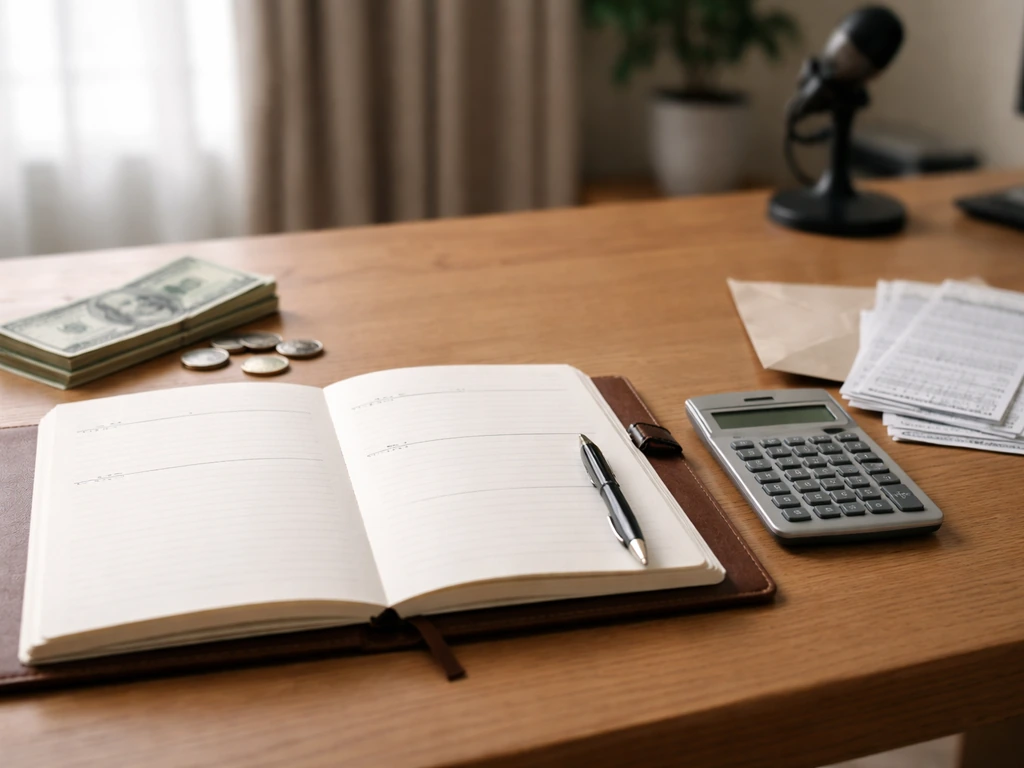 Minimal desk scene with calculator, coins, bills, and paperwork representing assets minus liabilities.