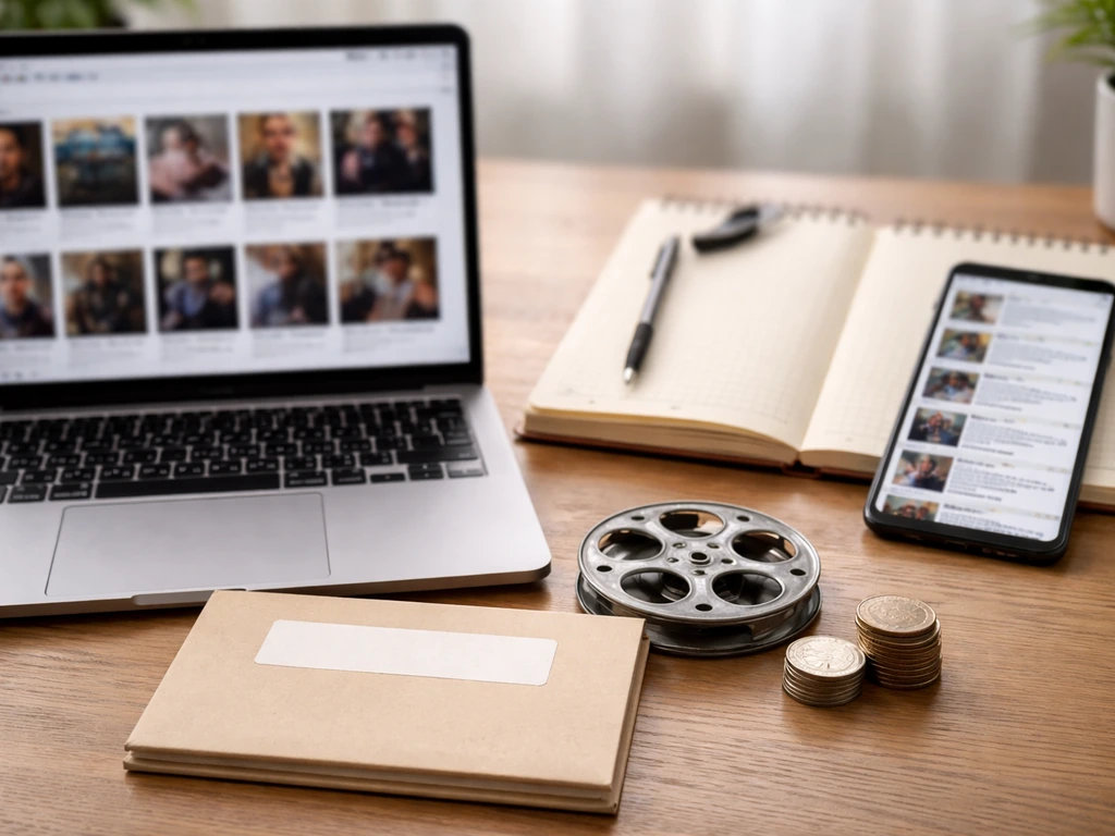 Minimal desk scene showing a laptop and phone with blurred film-credit layouts beside a film reel and coins.