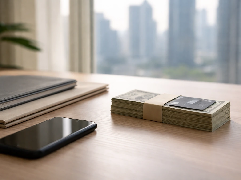 Minimal desk scene with money, a smartphone, and business documents suggesting a net-worth range.