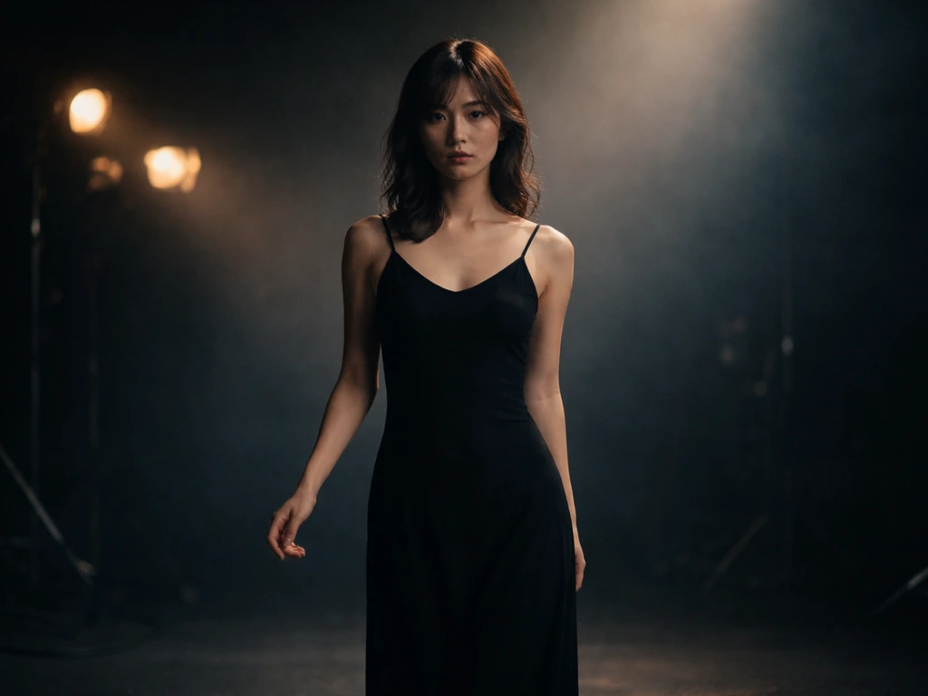 Cinematic movie still: Japanese actress silhouette in soft spotlight on dark stage, film-poster mood
