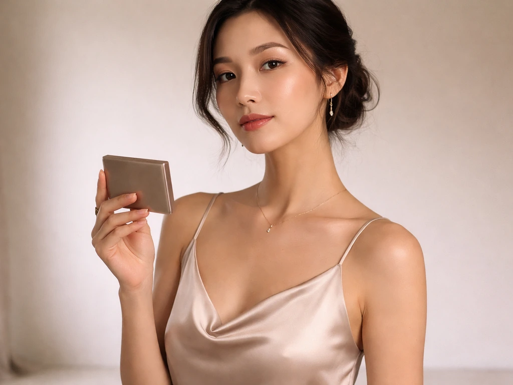 Elegant woman modeling a cosmetics campaign vibe in a minimal, softly lit studio with a compact in hand.