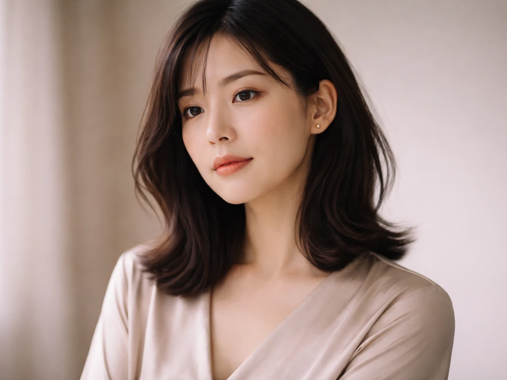 Soft-lit close-up portrait of an adult Japanese woman with calm expression against a neutral backdrop