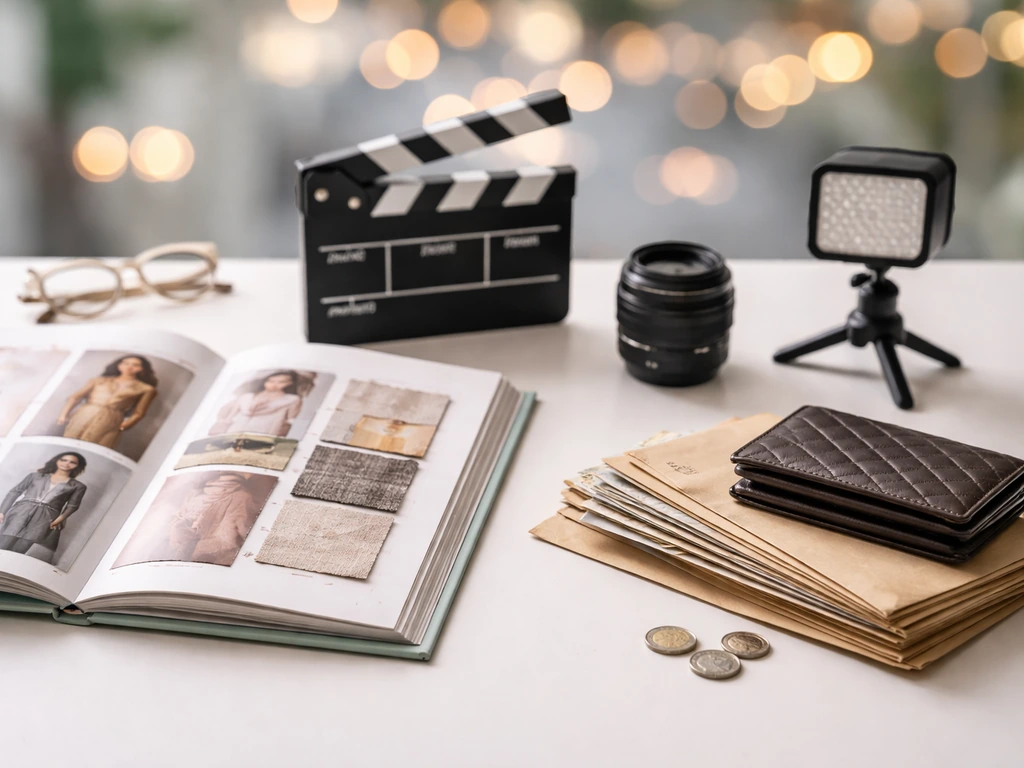 Desk scene with a fashion portfolio, clapperboard, camera gear, and cash envelopes symbolizing career income streams.