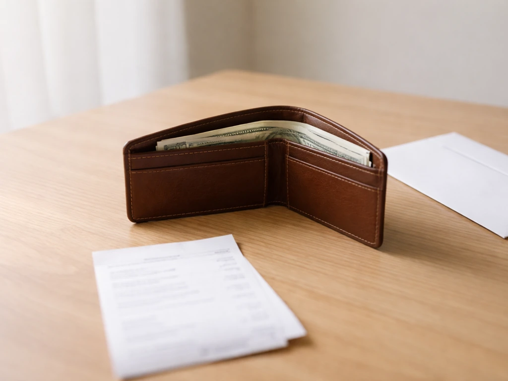 Minimal photo showing a wallet and a payment receipt with a clear space implying assets minus liabilities