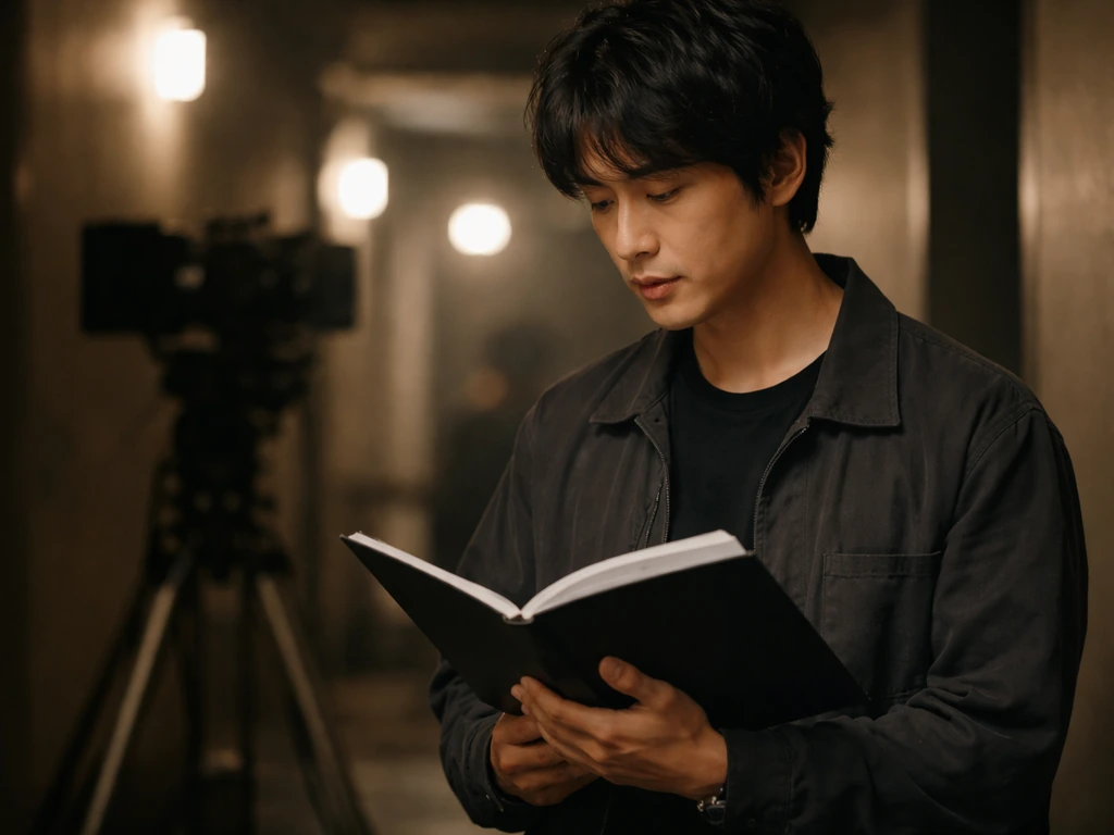 Anonymous actor on a film set holding a script folder beside a camera in soft light.