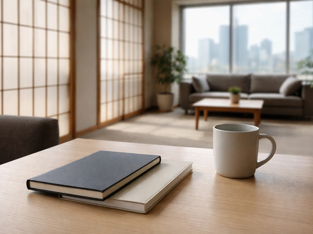 Minimal modern office lounge with a small table, mug, and shoji-lit daylight suggesting a business company setting.