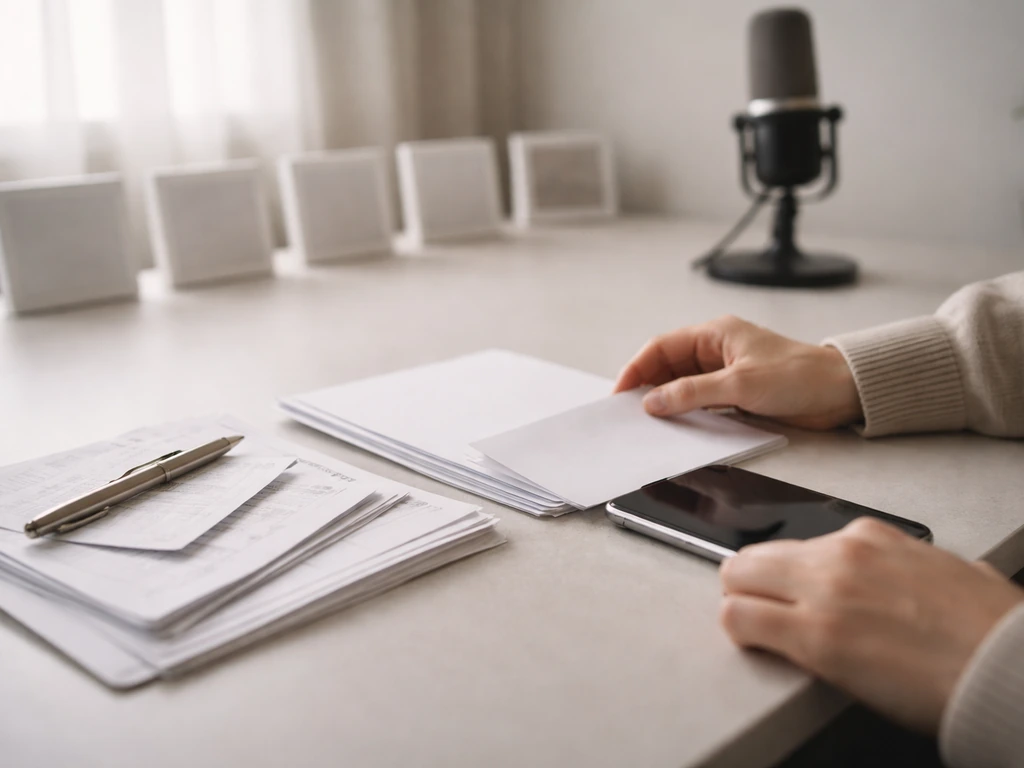 Person reviewing media and financial documents at a desk beside a phone, showing an earnings timeline idea.