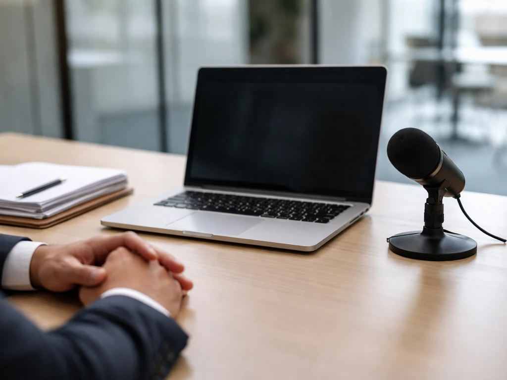 Minimal office scene with a laptop, documents, and a microphone, suggesting consulting and public-profile analysis.