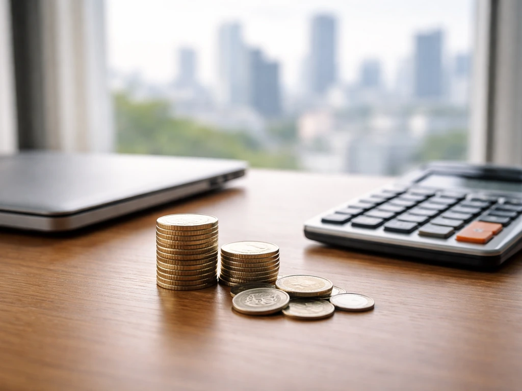 Minimal photo of a desk with a laptop, calculator, and coins beside a blurred city view