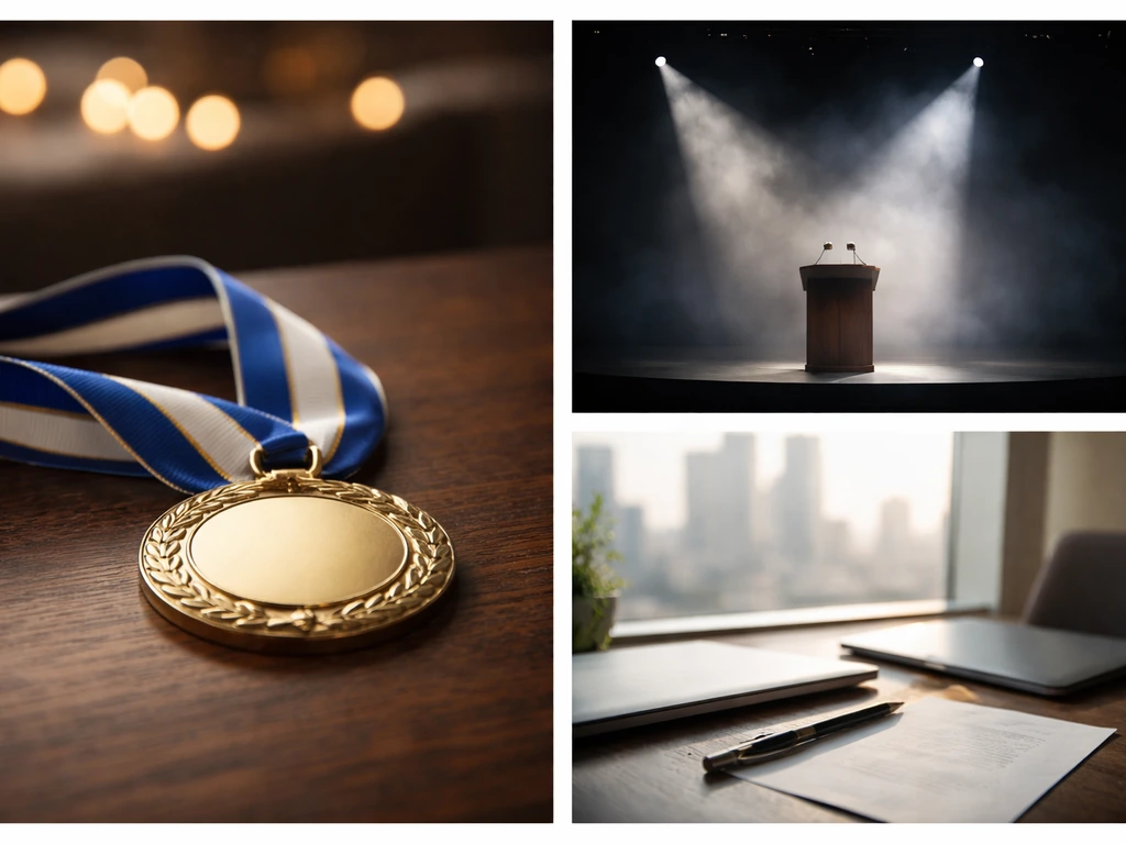 Minimal collage: award medallion ribbon, empty event stage, and business desk with city view.