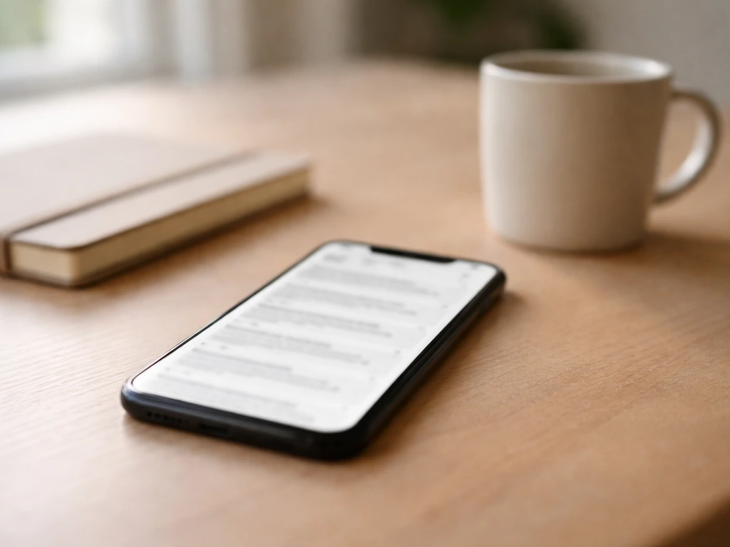 An anonymous office desk with a phone showing blurred search-like results and a notebook, symbolizing name confusion