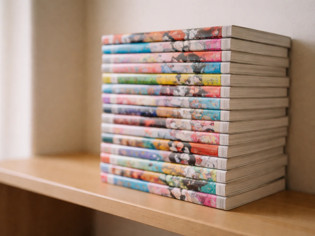Stack of manga tankobon volumes on a wooden shelf, colorful spines, natural light.