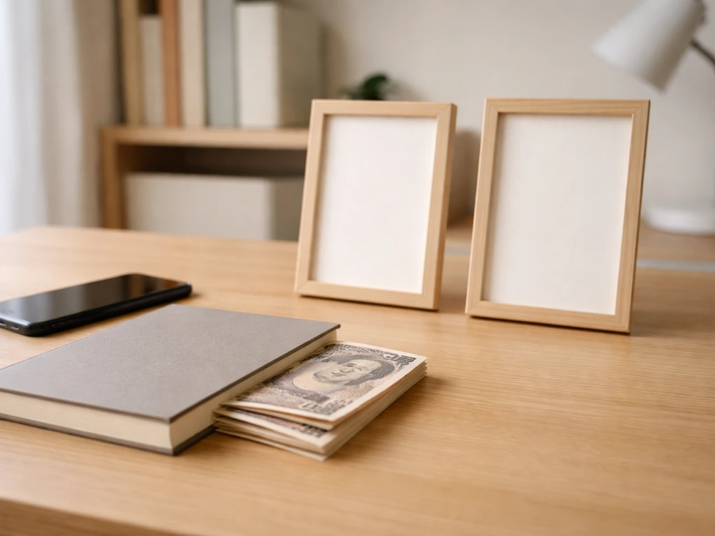 Minimal desk scene with yen bills and two empty frames suggesting tiered creator wealth comparison