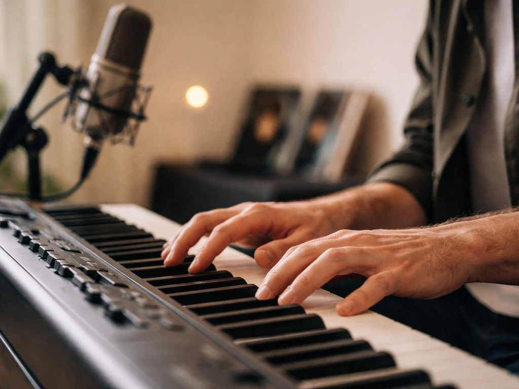Anonymous hands playing a studio keyboard with a nearby microphone and vinyl records in soft light.