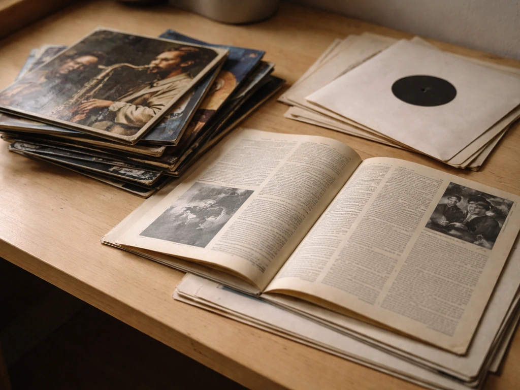 Close-up of jazz album covers and open liner-note pages on a desk, symbolizing discography sources.