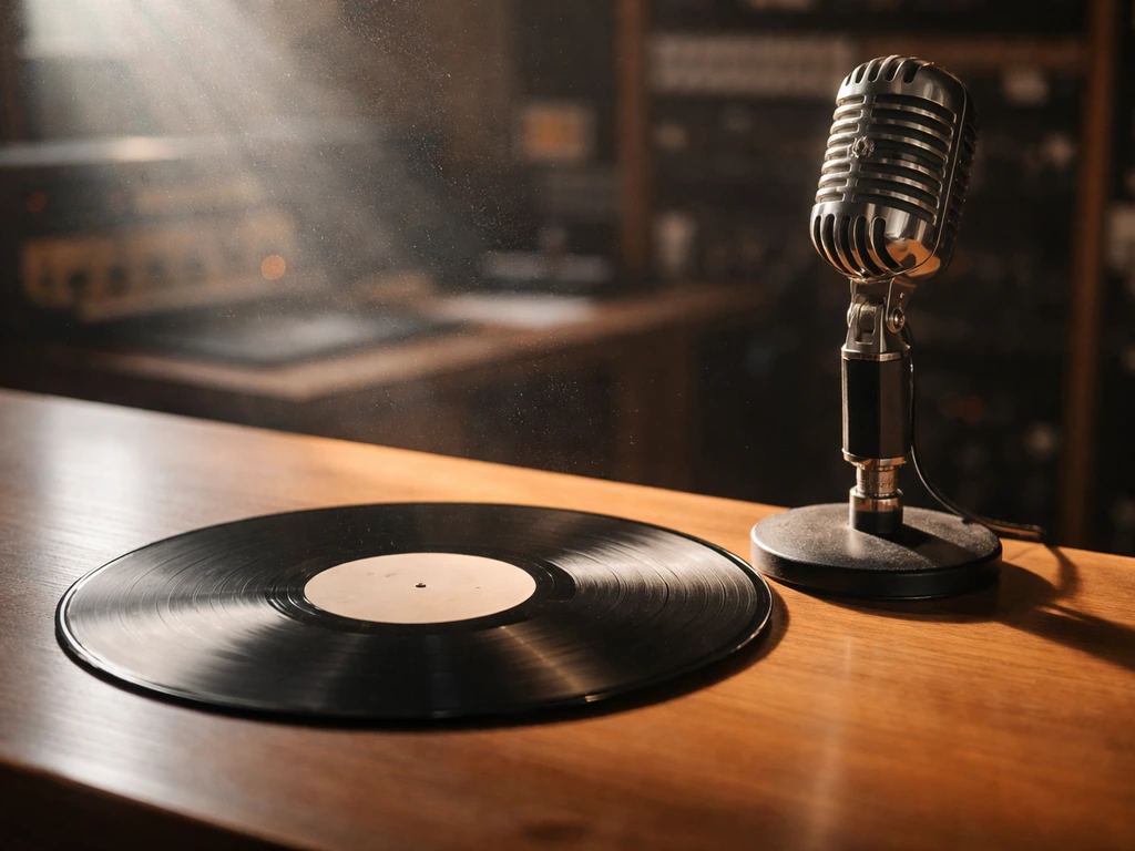 Vinyl record and studio microphone on a simple desk, suggesting a debut album milestone and long-term royalties