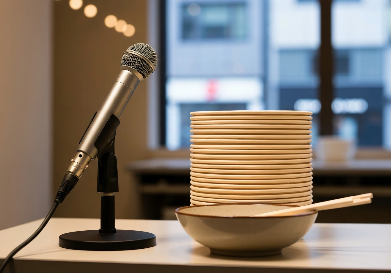 Anonymous media desk scene with a microphone and empty bowls/chopsticks, symbolizing competitive-eating coverage.
