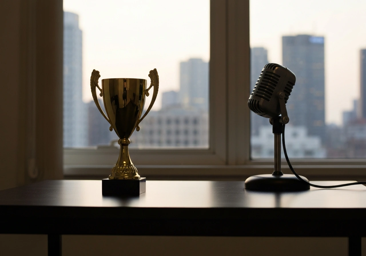 Minimal photo of a trophy silhouette on a desk with a microphone nearby, suggesting competitive fame and media earnings